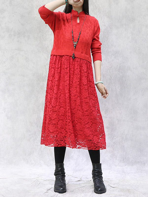 Artistic Retro Solid Color Split-Joint Buttoned Embroidered Hollow Lace Stand Collar Long Sleeves Knitted Sweater Dress