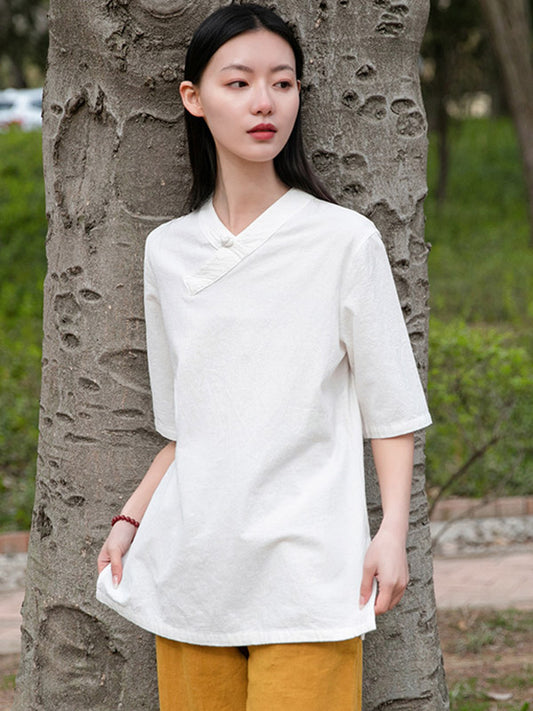 Vintage Ramie Cotton Solid Color Buttoned V-Neck Half Sleeves T-Shirt