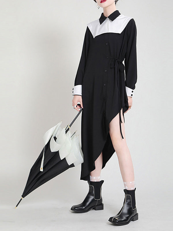 Original Irregular Split-Joint Buttoned Tied Lapel Collar Long Sleeves Midi Dress
