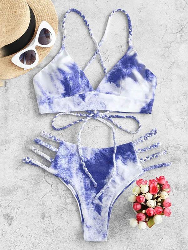 Tie-Dyed Bandage Backless Split Bikini Swimsuit