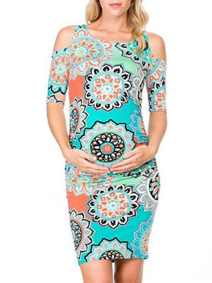 Maternity Printed Cold Shoulder Round-neck Mini Dress