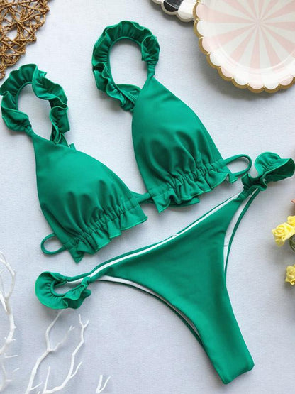Plain Lettuce Frilled Bikini Swimsuit