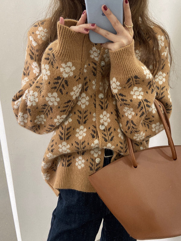 Original Buttoned Round-Neck Long Sleeves Cardigans