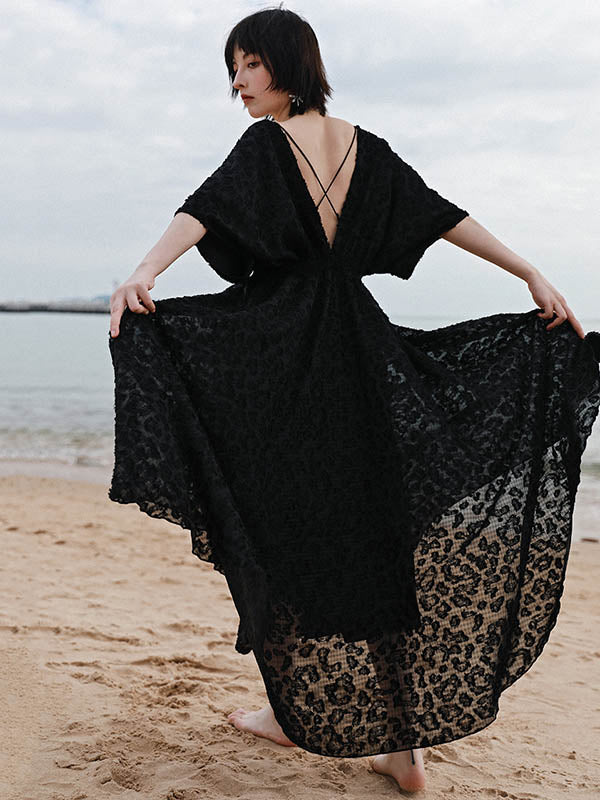 Stylish Solid Color Hollow Embroidered Mesh Backless Split-Side V-Neck Half Sleeves Maxi Dress