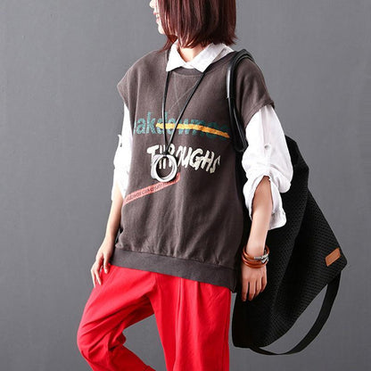 Cartoon Letter Print Sleeveless O-neck Top