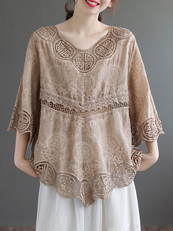 Cotton Blend Embroidered  Hollow V-Neck T-Shirts Tops