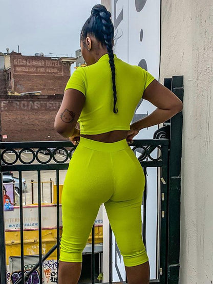Solid High-neck Tops Wrap Shorts Sports Suits