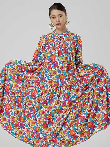 Stylish Floral Printed Stand Collar Buttoned Loose Long Sleeves Midi Dress