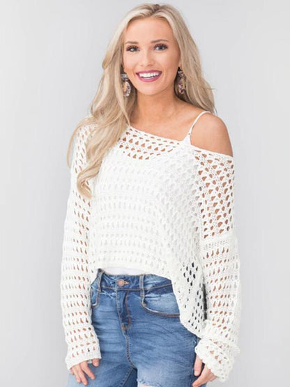 White Long Sleeve Hollow Blouses&Shirts Tops