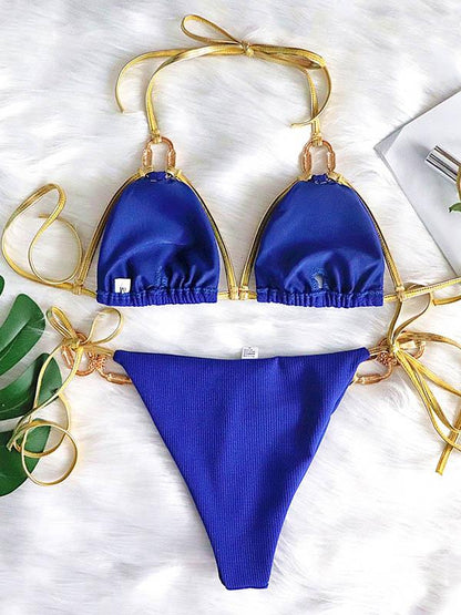 Solid Color Bandage Split Bikini Swimsuit