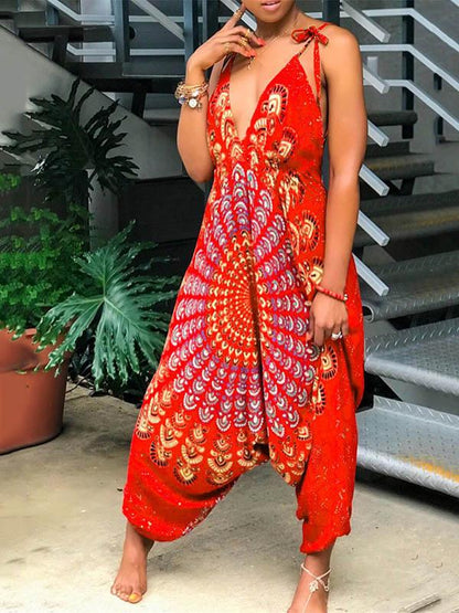 Floral Printed Spagetti-neck Loose Long Jumpsuits