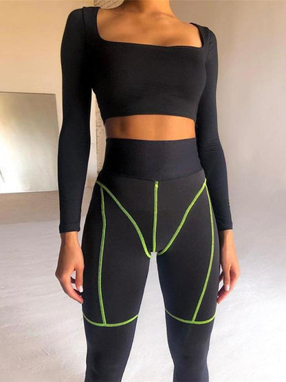 Contrast Trim Wide Waistband Yoga Leggings