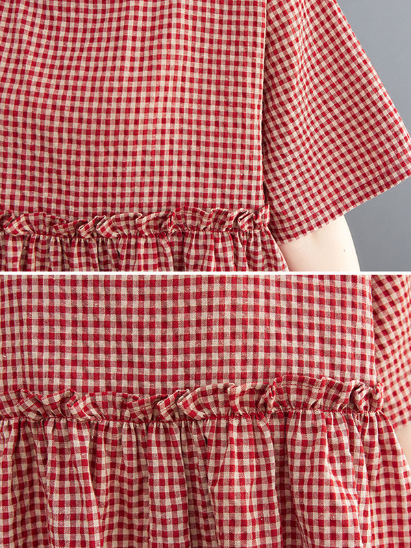 Artistic Retro Loose Plaid Ramie Cotton Falbala T-Shirt Top