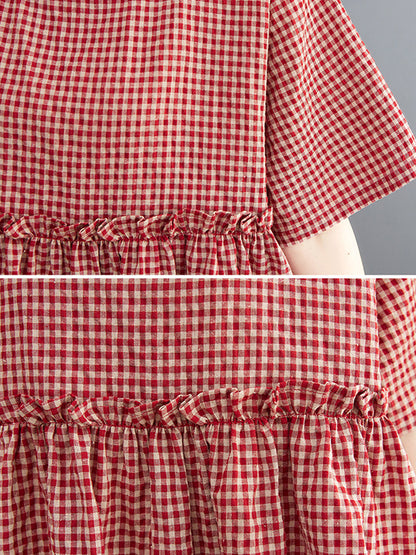 Artistic Retro Loose Plaid Ramie Cotton Falbala T-Shirt Top