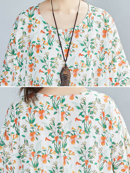 Casual Floral Printed Round-Neck Short Sleeves Midi Dress
