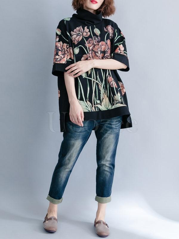 Casual Floral Printed High-neck Sweatshirt
