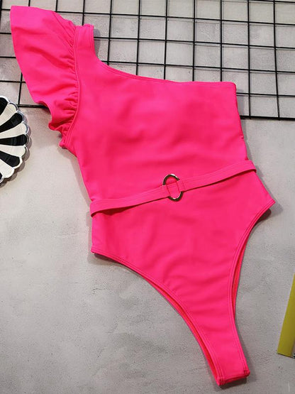 Falbala One Shoulder Plain One Piece Swimsuit