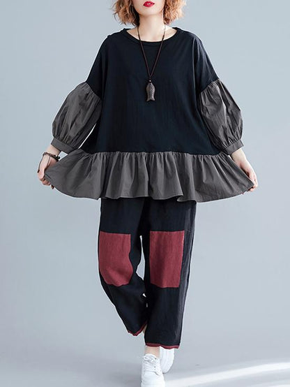 Loose Solid Falbala Split-joint Lantern Sleeve T-Shirt&Pants Suits