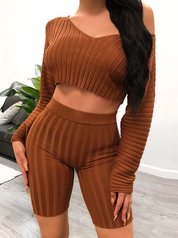 Solid Bare Midriff Knitting Tee&Shorts Sports Suits