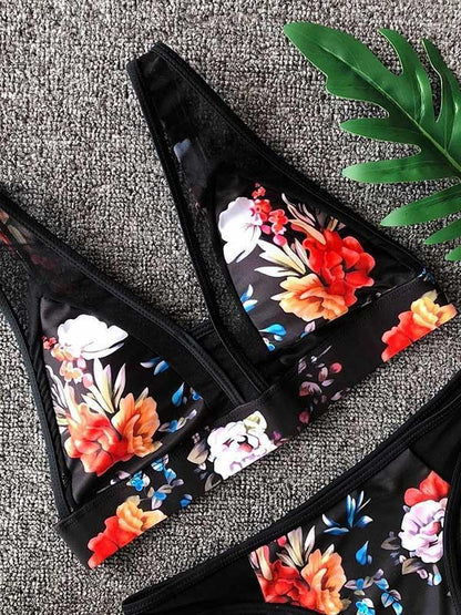Flowers Printed Tulle Bikinis Swimwear