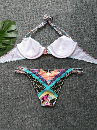 Printed Lace-up Bikini Swimsuit