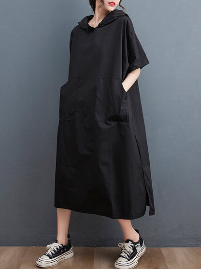 Urban Black&White Split-Side Short Sleeves Hooded Midi Dress