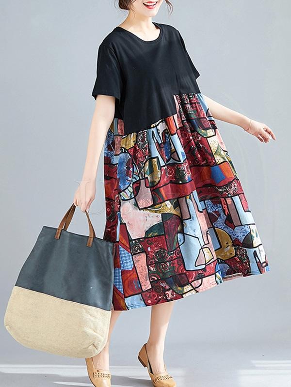 Loose Ramie Cotton Split-joint Floral Printed Midi Dress