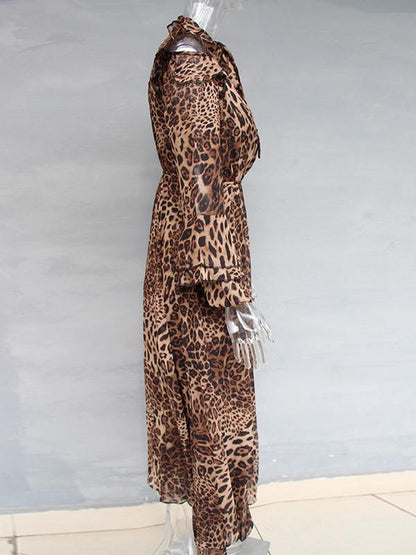 V-neck Chiffon Irregular Leopard Printed Maxi Dress