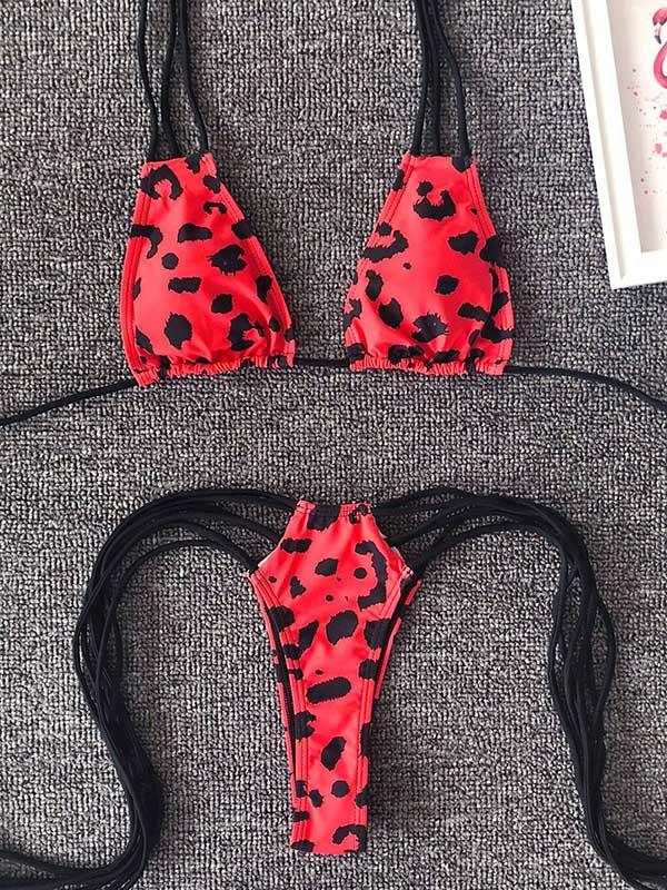 Snake-Print Triangles Bandage Split Bikini Swimsuit