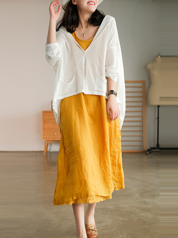 Casual Batwing Sleeve Hooded High-Low V-Neck Buttoned Cardigans