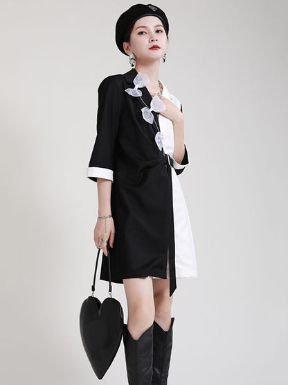 Original Stylish Split-Joint Contrast Color Bow-Embellished Tied A-Line Notched Collar Blazer Dress