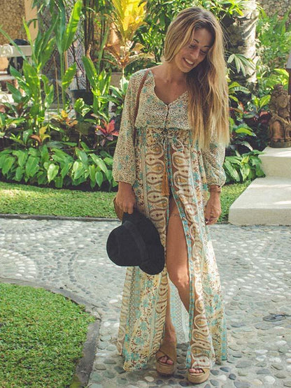 Attractive Bohemia 3/4 Sleeve Front Split Beach Dress Maxi Dress