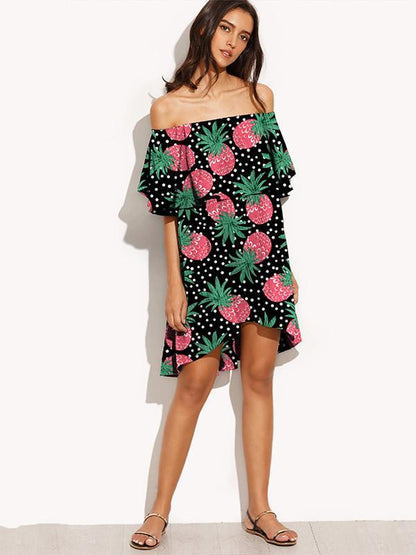 Flat Shoulder Pineapple Print Hi-low Mini Beach Dress