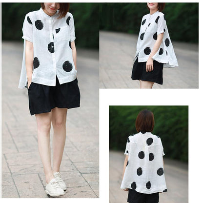Dot Cotton Linen Short Sleeve Blouse M-3XL