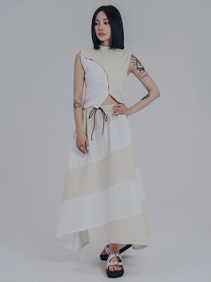 Simple Drawstring Waisted Contrast Color A-Line Skirt