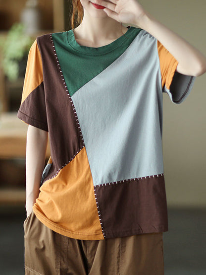 Cotton Blend Round-Neck Contrast Color T-Shirts Tops