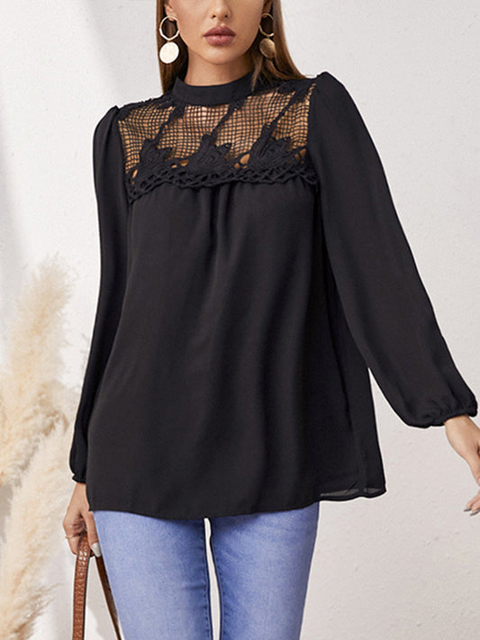 Original Mesh Hollow Split-Joint Pleated Solid Color T-Shirt Top