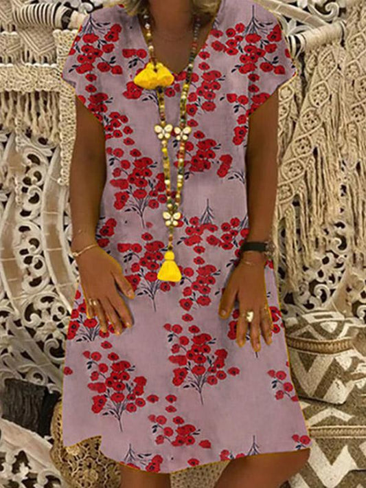 Cozy Floral Printed V-neck Midi Dress