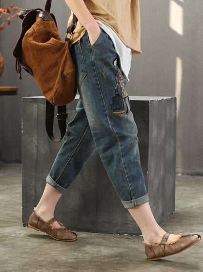 Embroidery Cartoon Shredded Jeans Pants