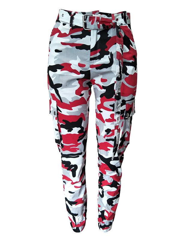 Plus Size Red Grey Camouflage Printed Track Pants