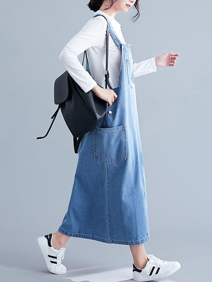 Denim Blue Front-pocket Long Dress