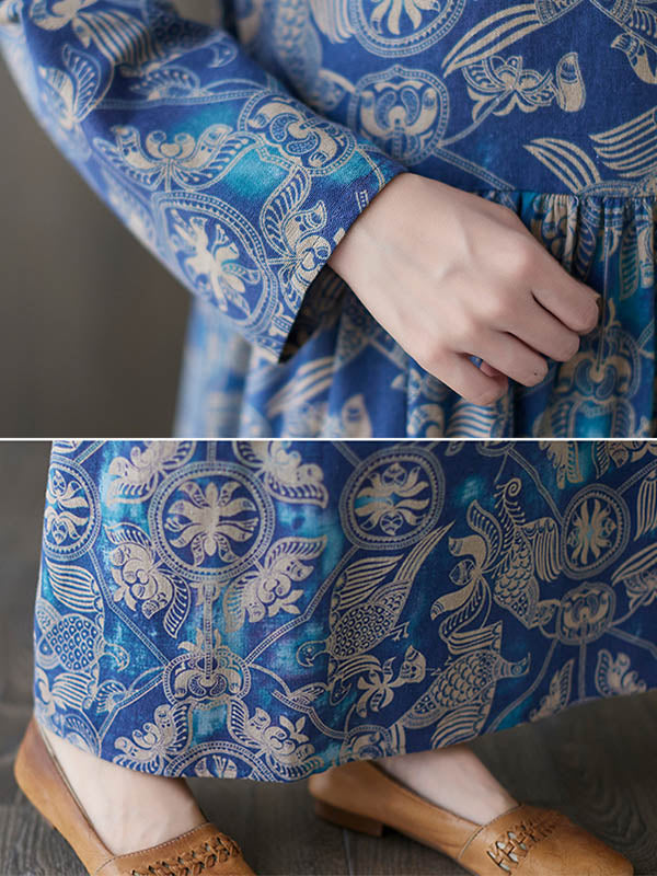 Vintage Ramie Cotton Floral Printed Round-Neck Long Sleeves Maxi Dress