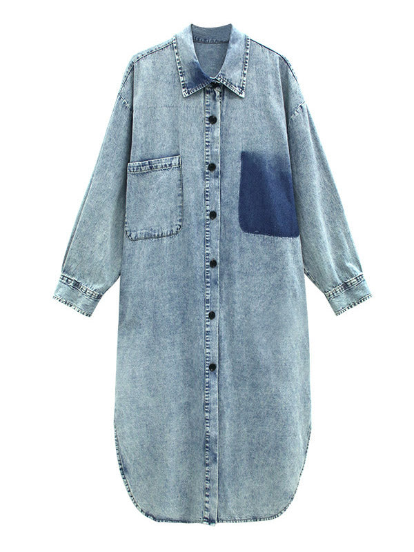 Simple Cool Raw Denim Split-Side Split-Joint With Pocket Buttoned Lapel Collar Long Sleeves Midi Shirt Dress