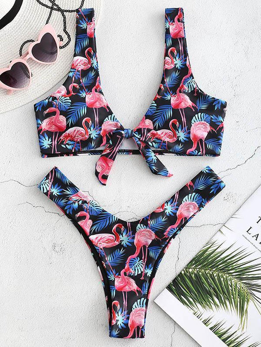 High Cut Flamingo Printed Bikinis Swimwear