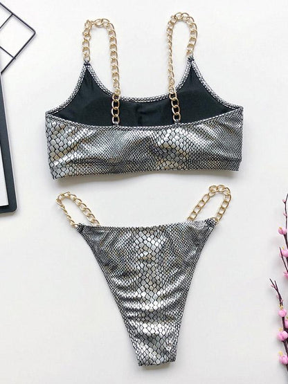 Strapless Chain Snake Pattern Bikini Swimsuit