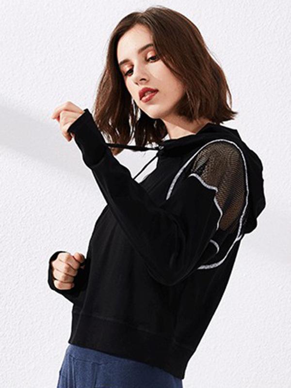 Mesh Solid Loose Hooded Yoga&Gym Tops