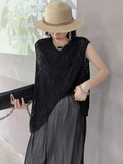 Stylish Asymmetric Hollow Split-Joint See-Through Round-Neck Vest