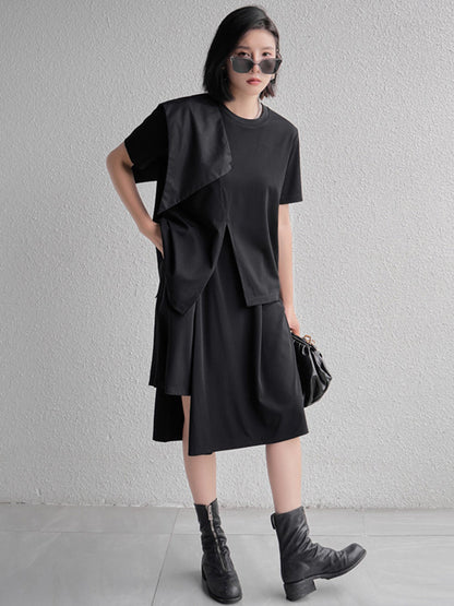Stylish Black Split-Front Asymmetric Split-Joint Short Sleeves T-Shirts