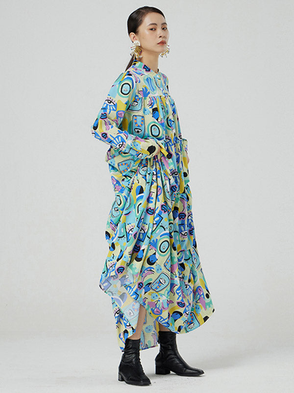 Original Abstract Printed Stand Collar Long Sleeves Midi Dress