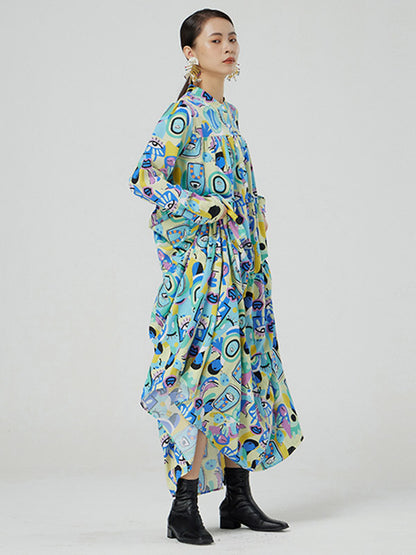 Original Abstract Printed Stand Collar Long Sleeves Midi Dress